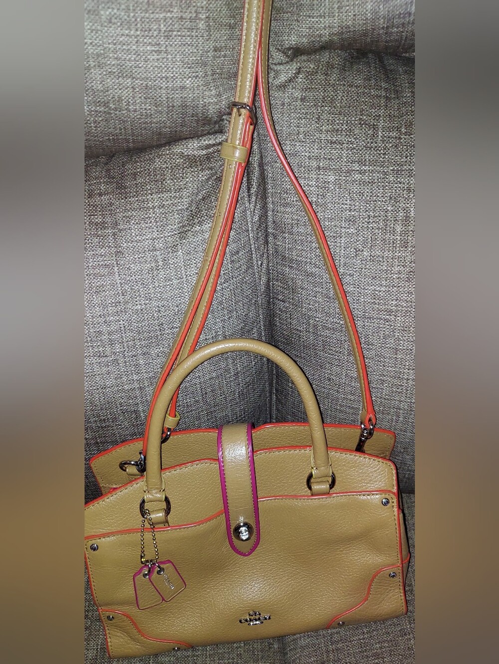 Coach Tan Leather Shoulder Bag with Pink and Orange Trim